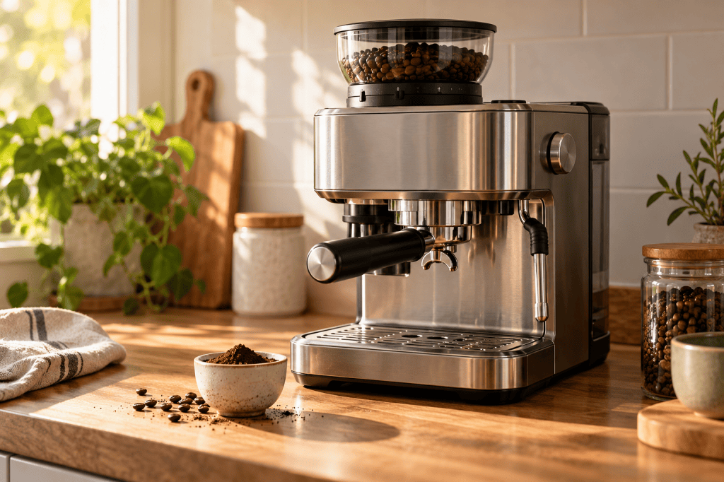 Cafetera espresso manual con molinillo integrado y café en grano sobre una encimera