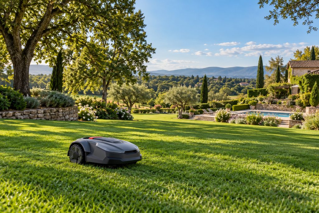 Robot cortacésped robusto trabaja sobre una extensa pradera con árboles y varias áreas de jardín