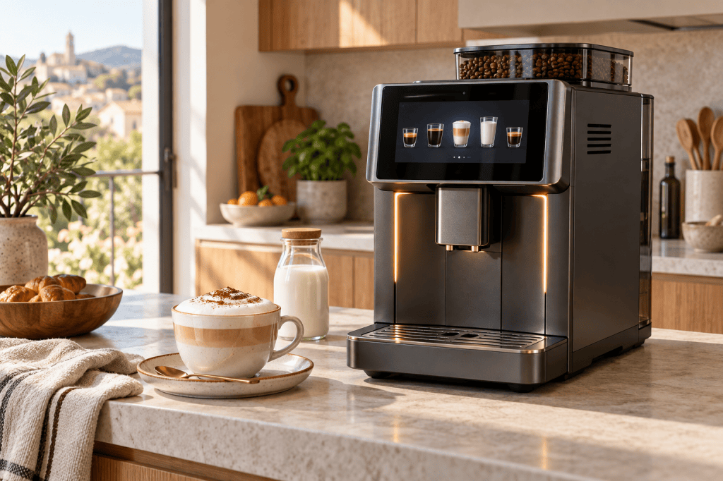 Cafetera superautomática con pantalla táctil a color junto a un cappuccino