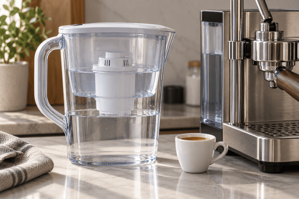 Jarra filtrante transparente con cartucho junto a una cafetera espresso manual