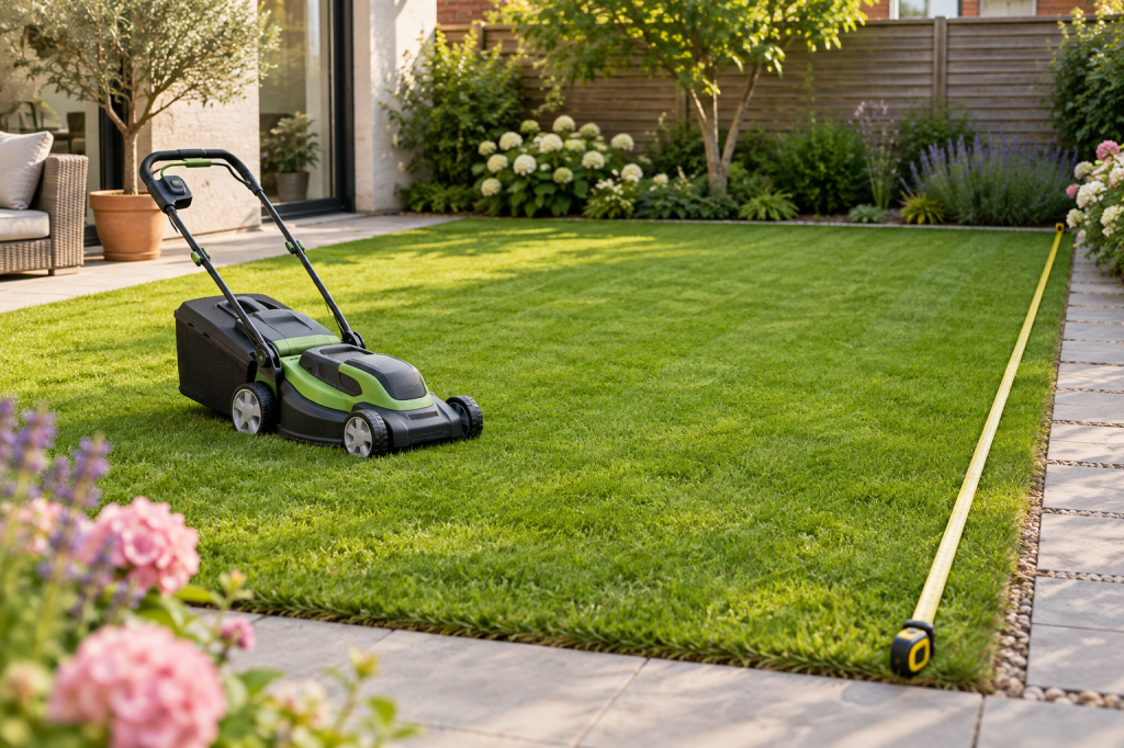 Cortacésped compacto junto a un césped pequeño y llano de un jardín doméstico