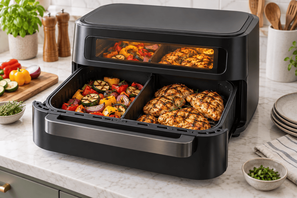 Freidora horizontal de 10 litros con ventana y divisor para cocinar en dos zonas