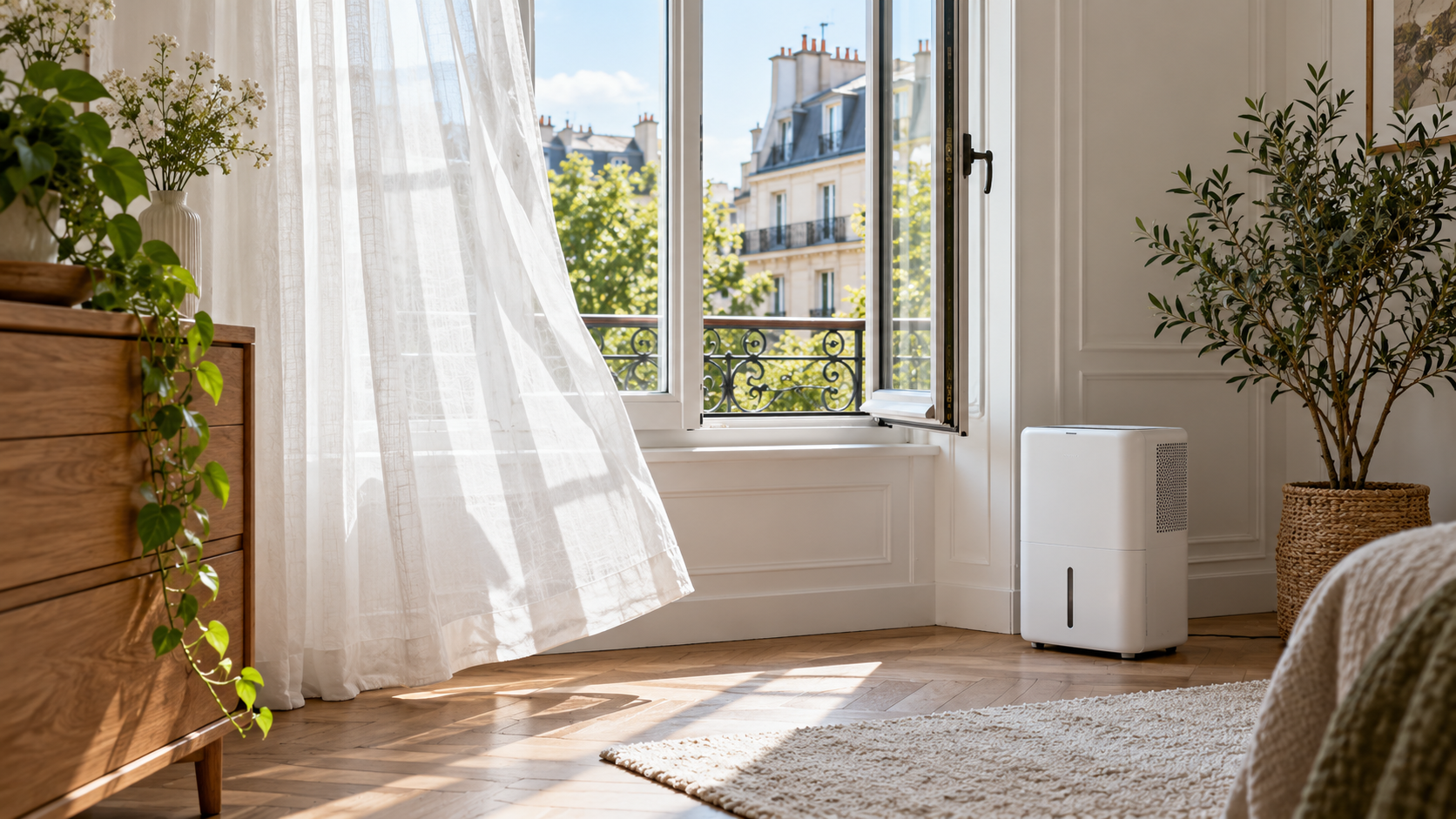 Ventana abierta para ventilar una habitación con un deshumidificador colocado en un espacio despejado.
