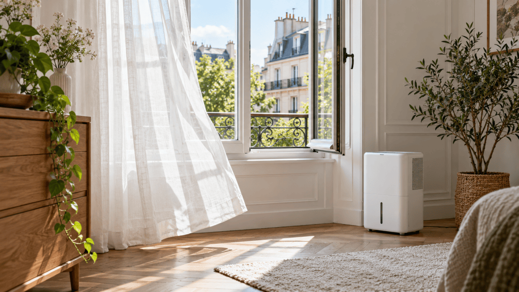 Ventana abierta para ventilar una habitación con un deshumidificador colocado en un espacio despejado.