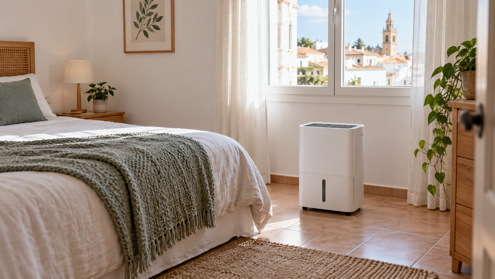 Deshumidificador compacto en una habitación pequeña y luminosa