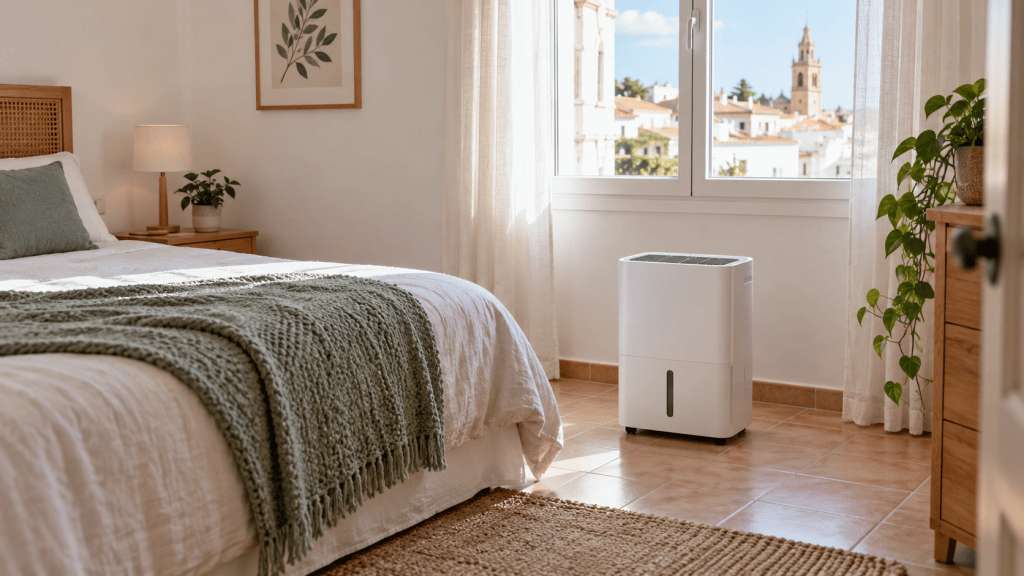 Deshumidificador compacto en una habitación pequeña y luminosa