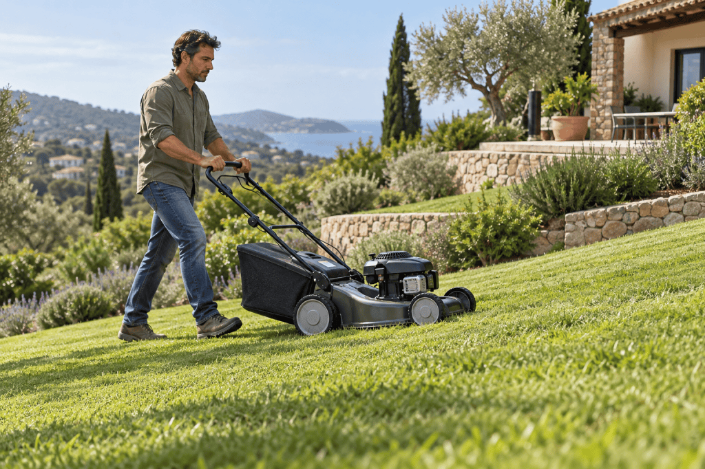 Persona guía un cortacésped autopropulsado por una pendiente suave de jardín