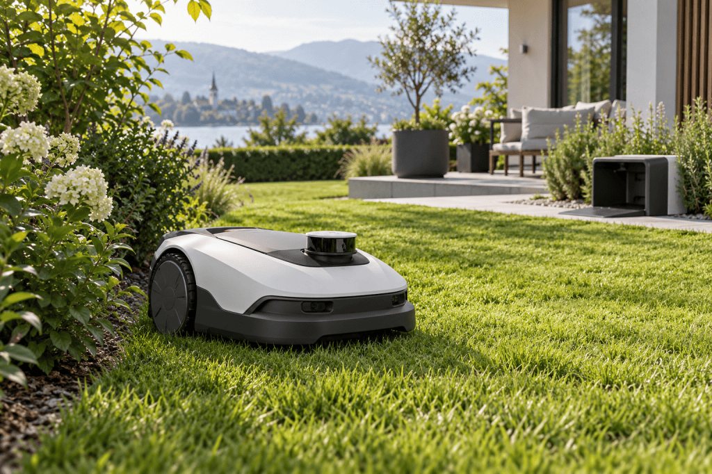 Robot cortacésped blanco y gris con sensor LiDAR superior cortando el césped junto a la estación