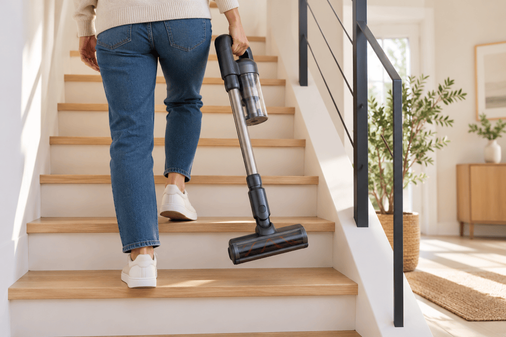 Persona llevando una aspiradora escoba sin cable por una escalera de madera