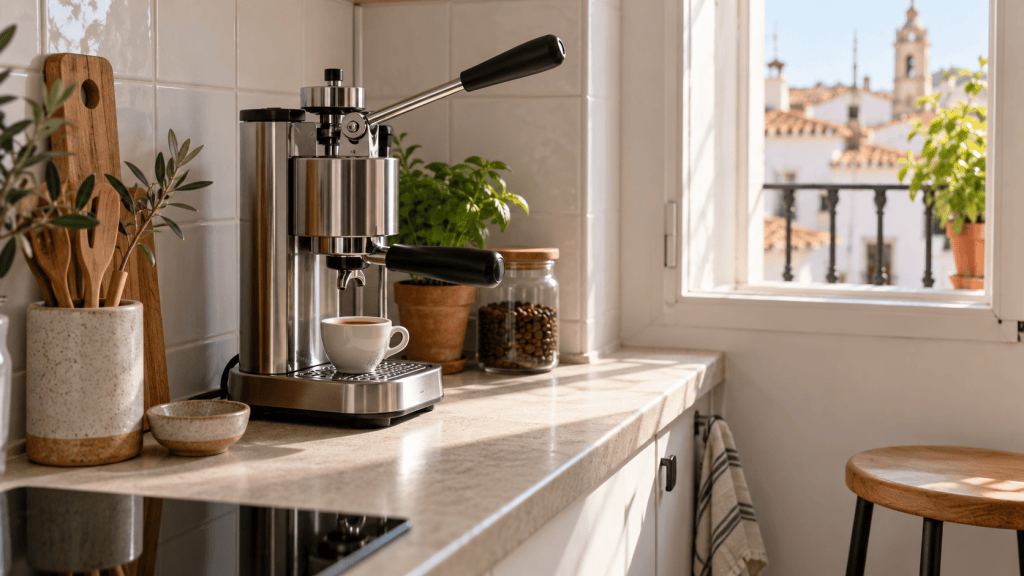 Cafetera espresso manual estrecha sobre una encimera pequeña de cocina