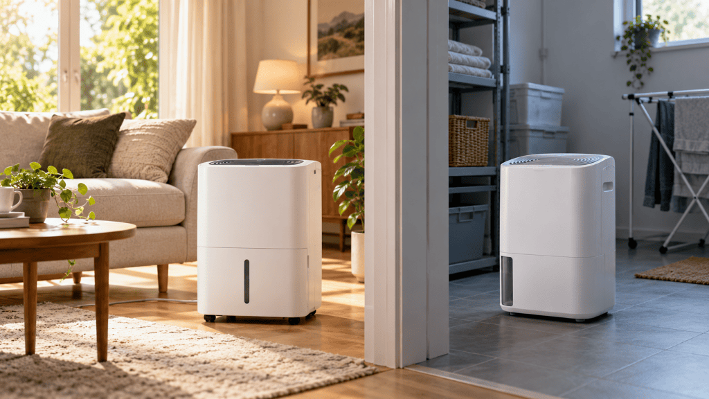 Dos deshumidificadores blancos en espacios distintos: uno en un salón cálido y otro en un lavadero más fresco.