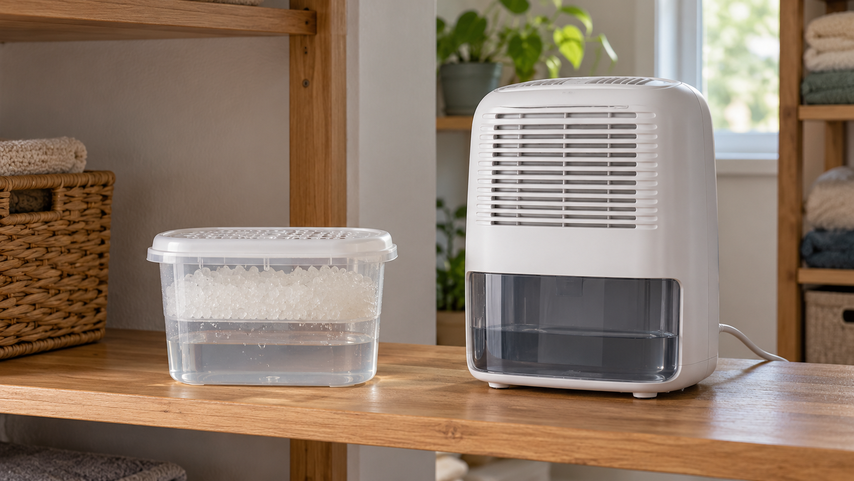 Recipiente absorbente de humedad y deshumidificador eléctrico compacto colocados juntos en una estantería.