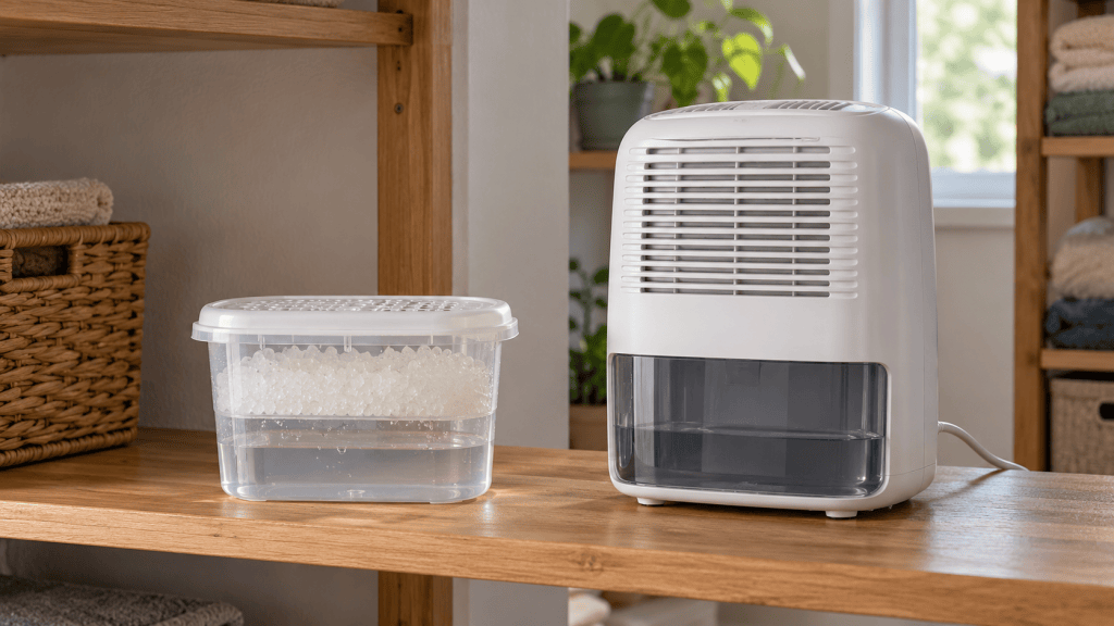 Recipiente absorbente de humedad y deshumidificador eléctrico compacto colocados juntos en una estantería.