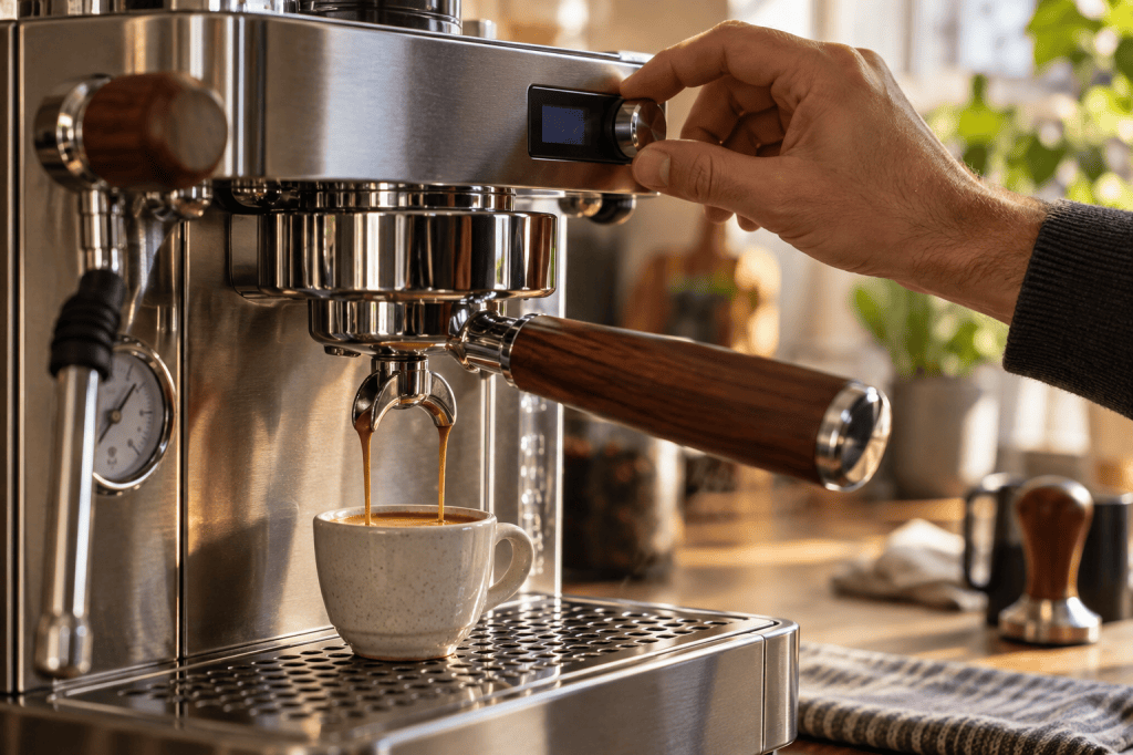 Mano ajustando el control de temperatura de una cafetera espresso manual