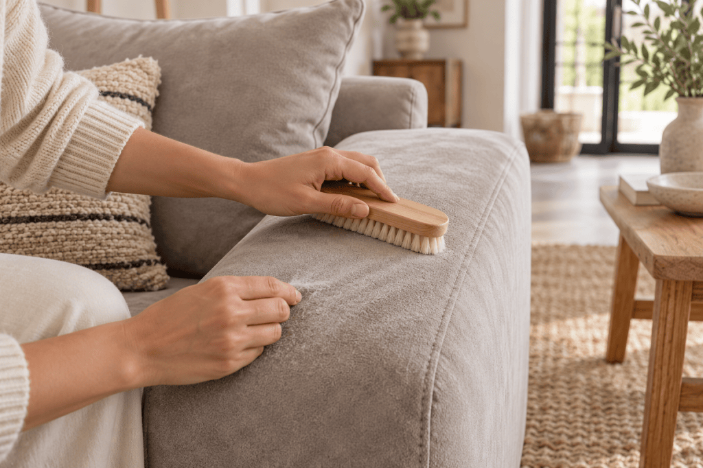 Una persona pasa un cepillo suave por el brazo de un sofá claro de microfibra con aspecto de ante.