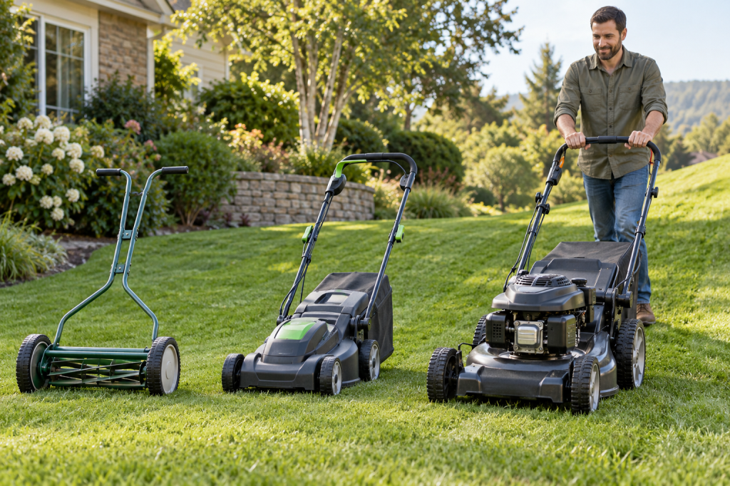 Cortacéspedes manual, eléctrico de empuje y autopropulsado en un jardín