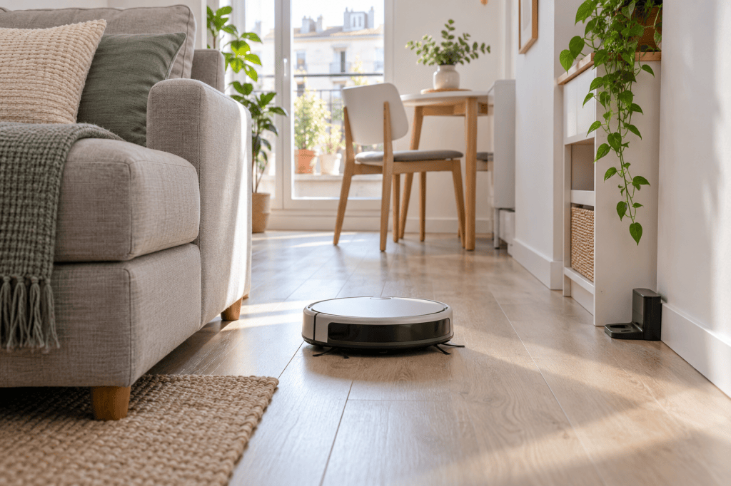 Robot aspirador recorre el espacio entre sofá y pared en un piso pequeño