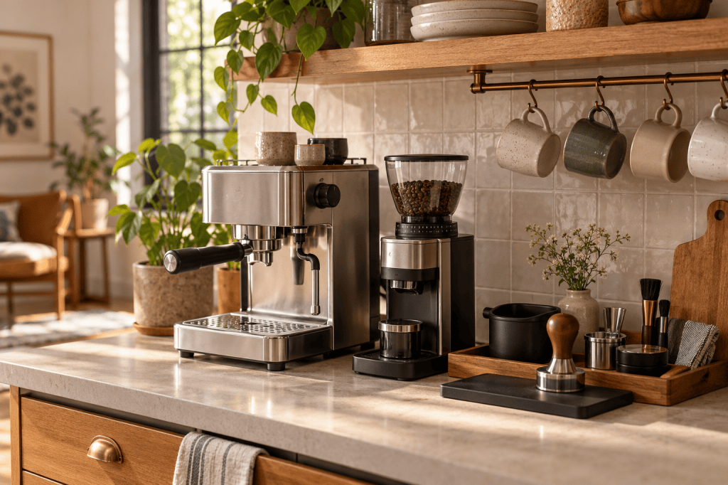 Cafetera espresso y molinillo en una encimera con accesorios ordenados en una bandeja