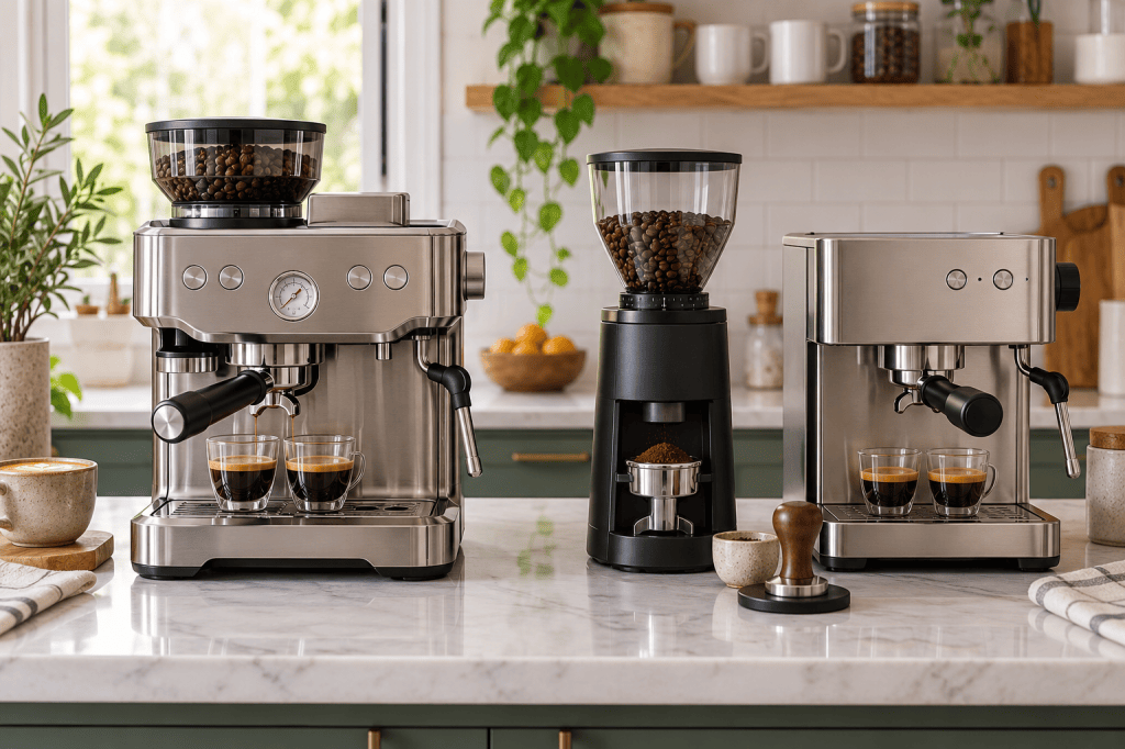 Comparación visual entre una cafetera con molino integrado y una cafetera con molino independiente