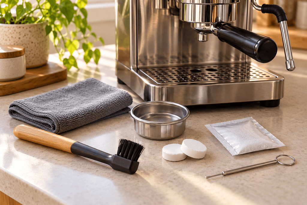 Cepillo, paño, filtro ciego, pastillas y herramienta de limpieza junto a una cafetera espresso