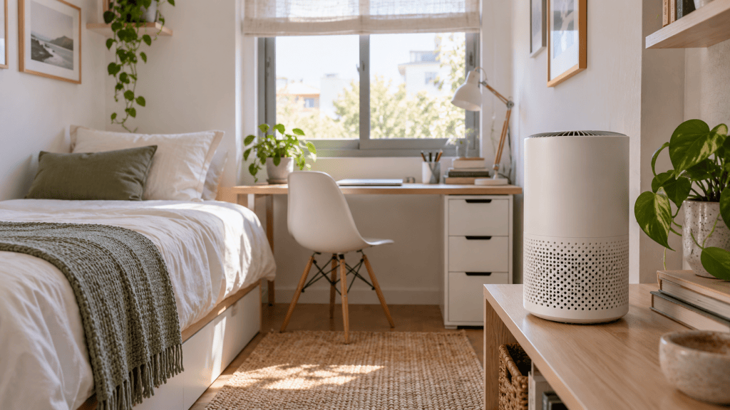 Purificador Xiaomi compacto en un dormitorio luminoso con escritorio