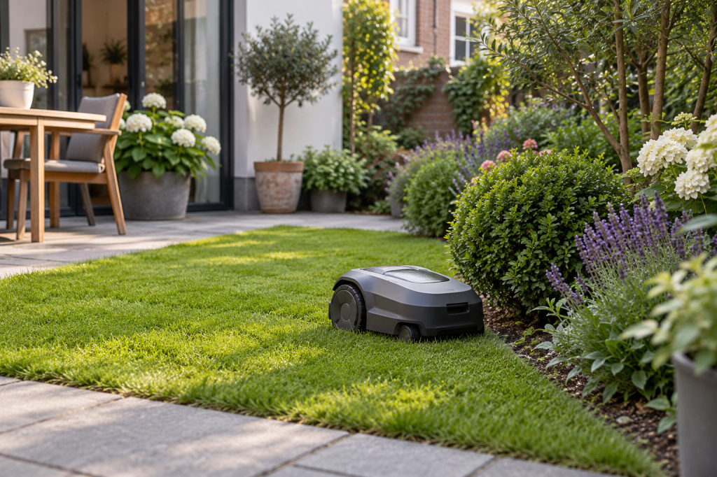 Robot cortacésped compacto recorre el borde de una zona de césped pequeña junto al patio