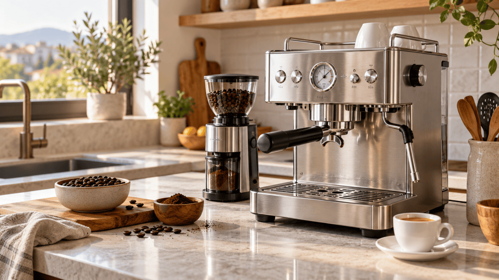 Cafetera espresso manual con portafiltro, molinillo y taza en una cocina luminosa