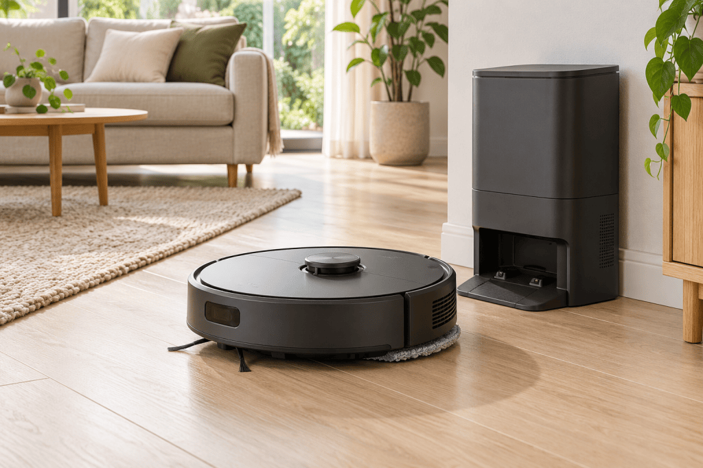 Robot aspirador con mopa de arrastre junto a una base compacta de autovaciado.