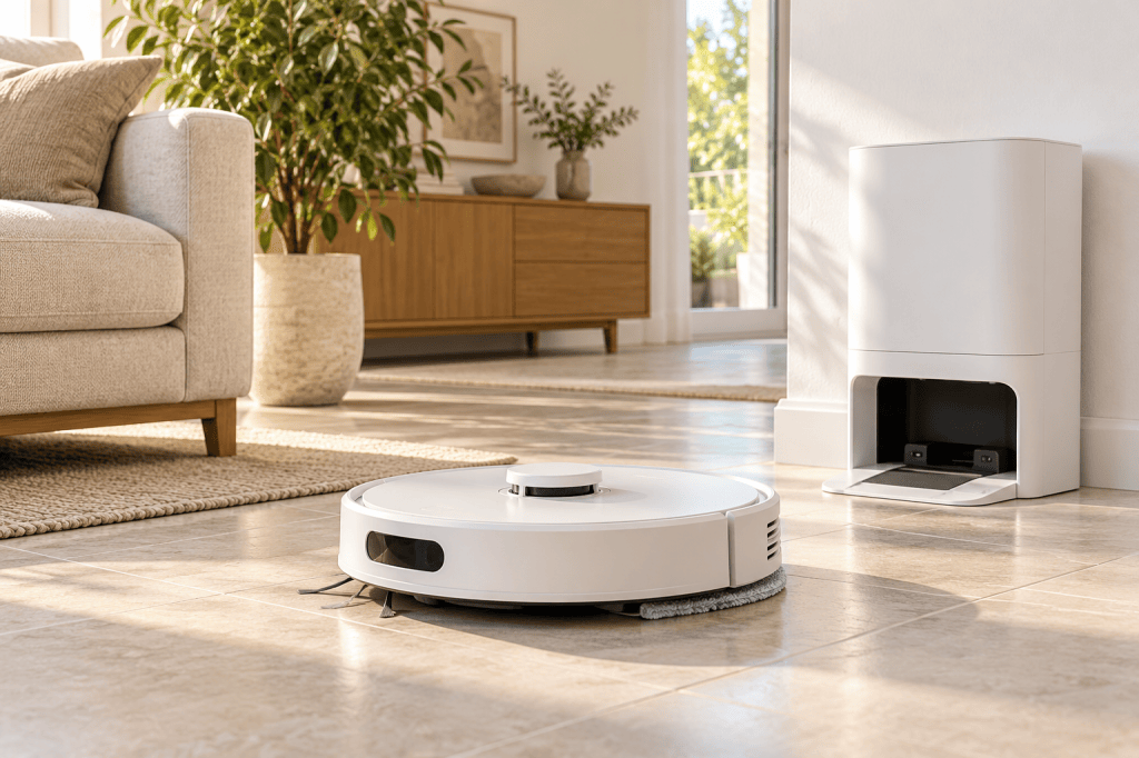 Robot aspirador blanco con mopa y base de vaciado sobre suelo claro en un salón