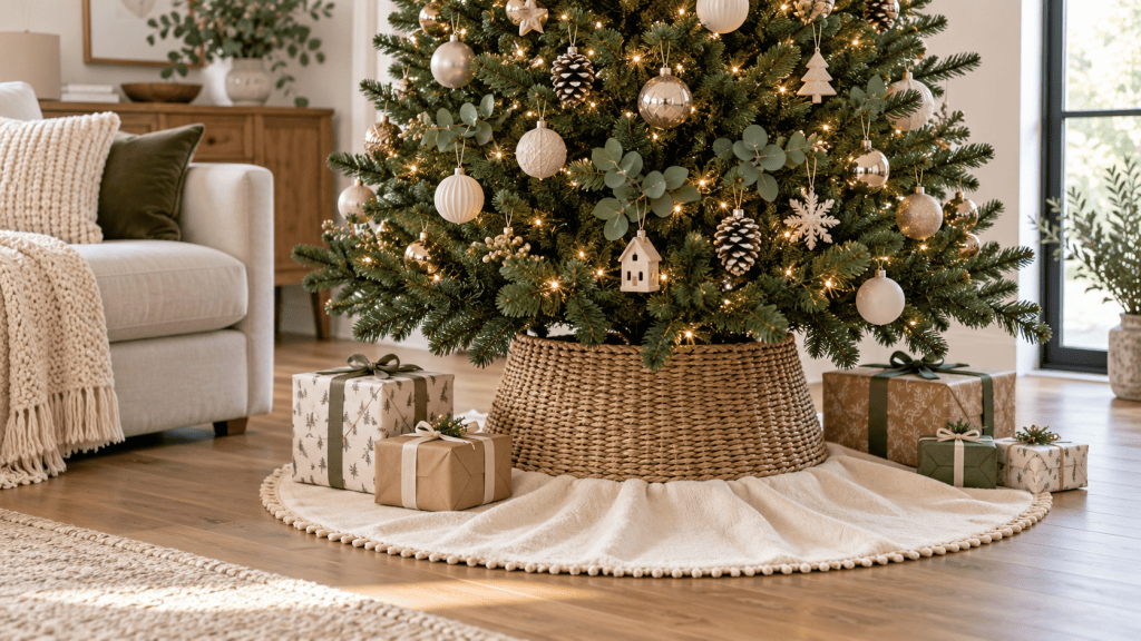 Base de árbol de Navidad decorada con un collar de mimbre y una falda de tela clara