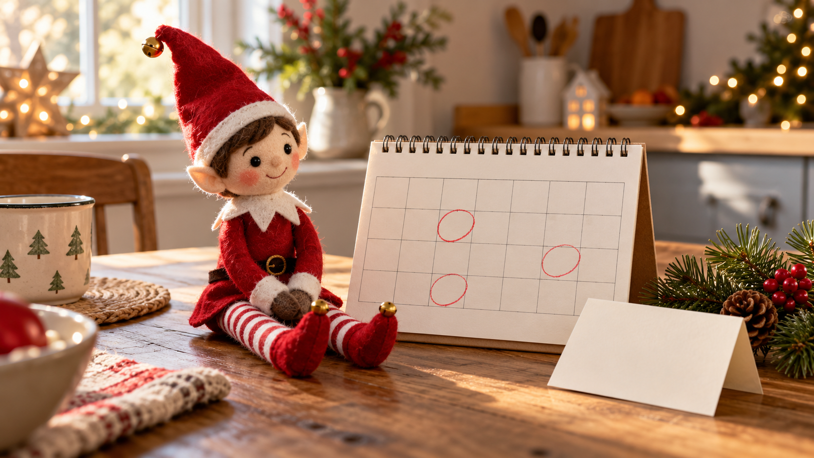 Muñeco de elfo navideño junto a un calendario de diciembre y una nota de bienvenida