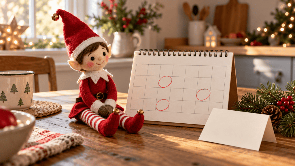 Muñeco de elfo navideño junto a un calendario de diciembre y una nota de bienvenida