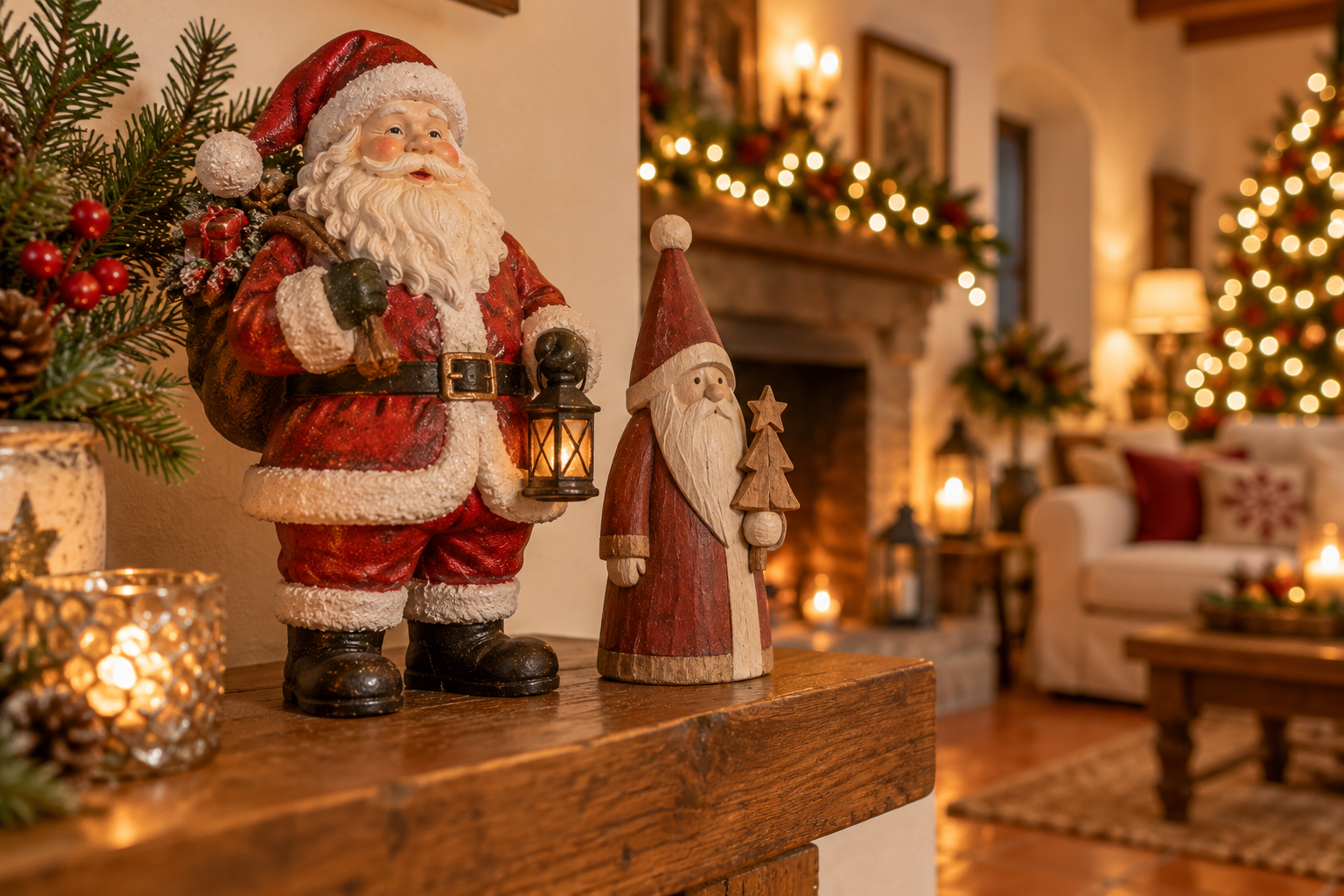 Figuras decorativas de Papá Noel en rojo y madera sobre una repisa de salón