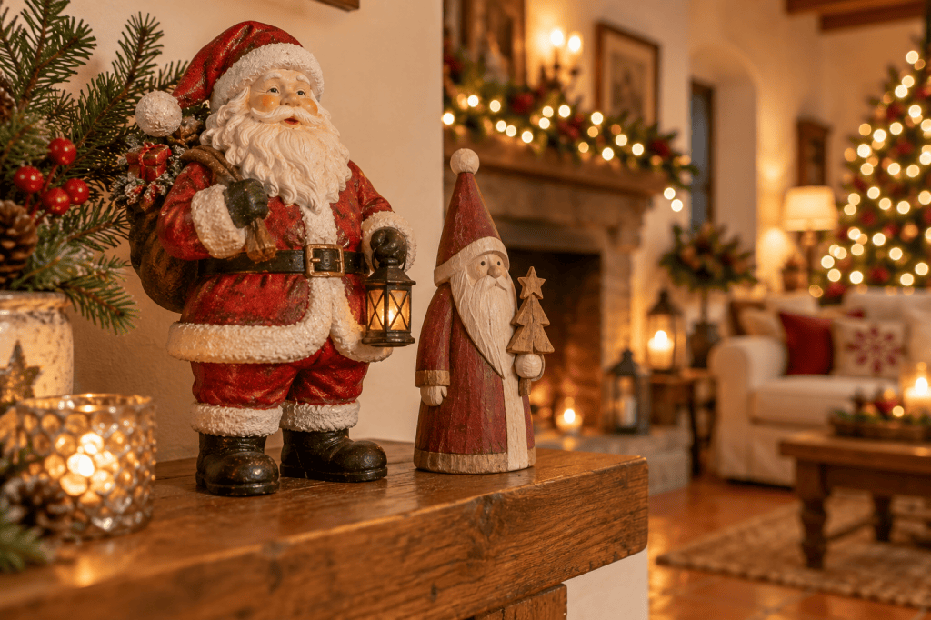 Figuras decorativas de Papá Noel en rojo y madera sobre una repisa de salón