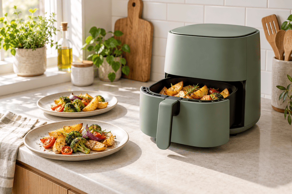 Freidora de aire compacta con verduras y patatas en una cocina pequeña
