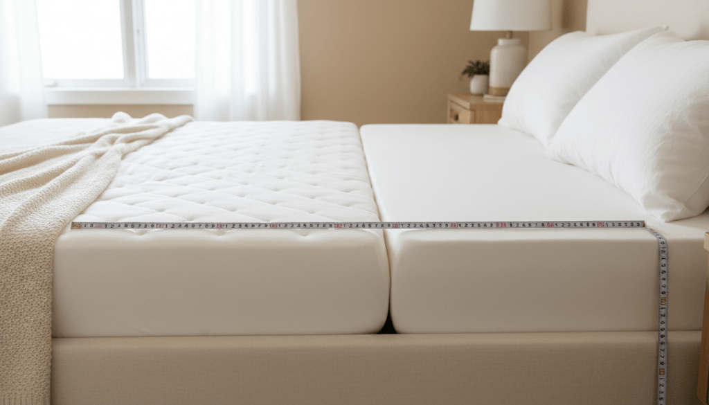 Dos toppers de distinto grosor junto a una cama para comparar altura