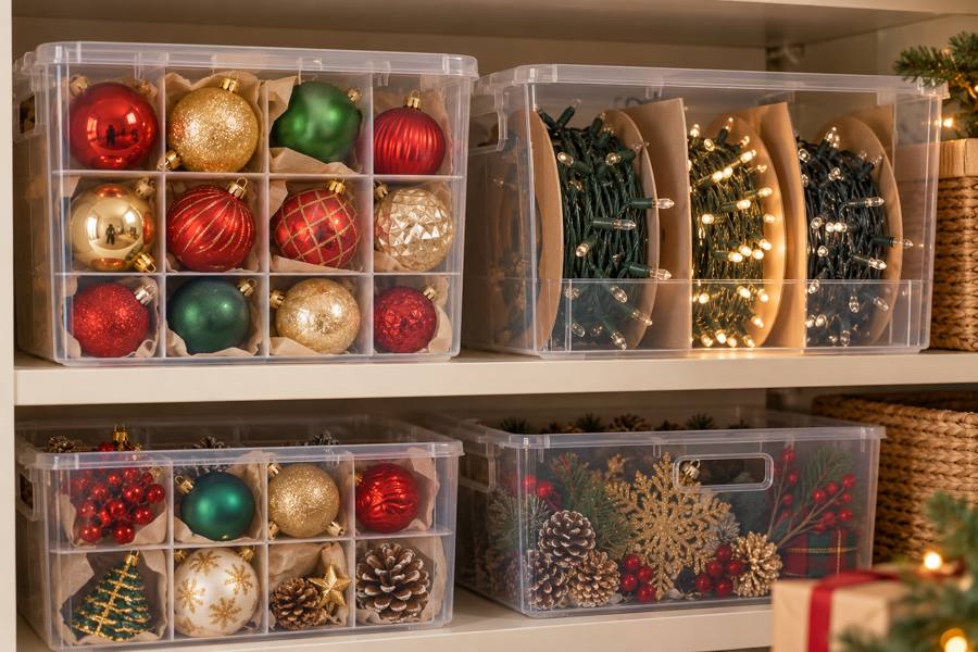 Cajas transparentes con compartimentos para bolas navideñas y luces enrolladas por separado