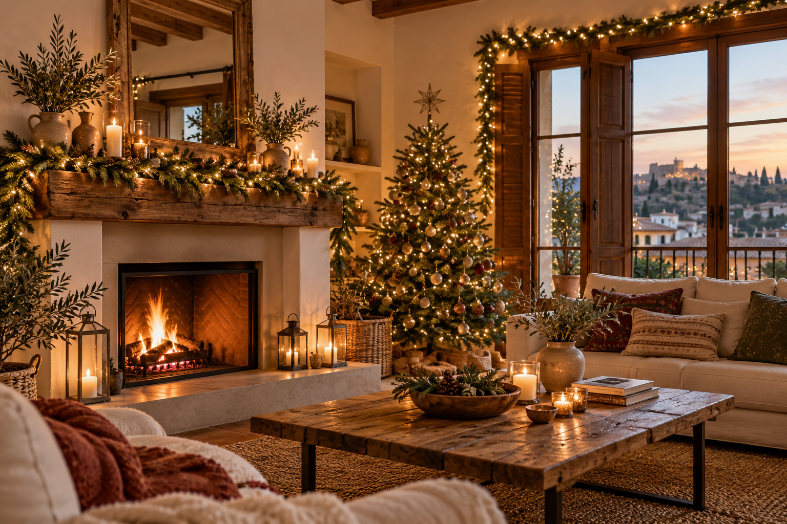 Guirnalda de luces cálidas decorando una chimenea y una ventana en un salón navideño