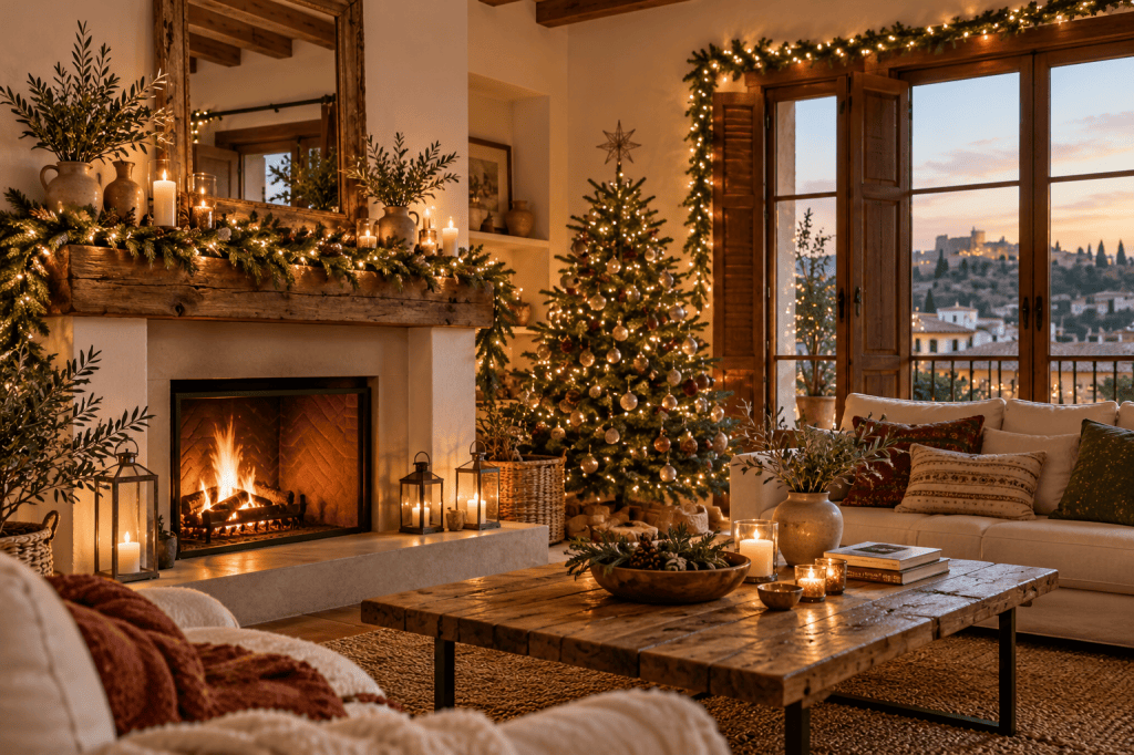 Guirnalda de luces cálidas decorando una chimenea y una ventana en un salón navideño