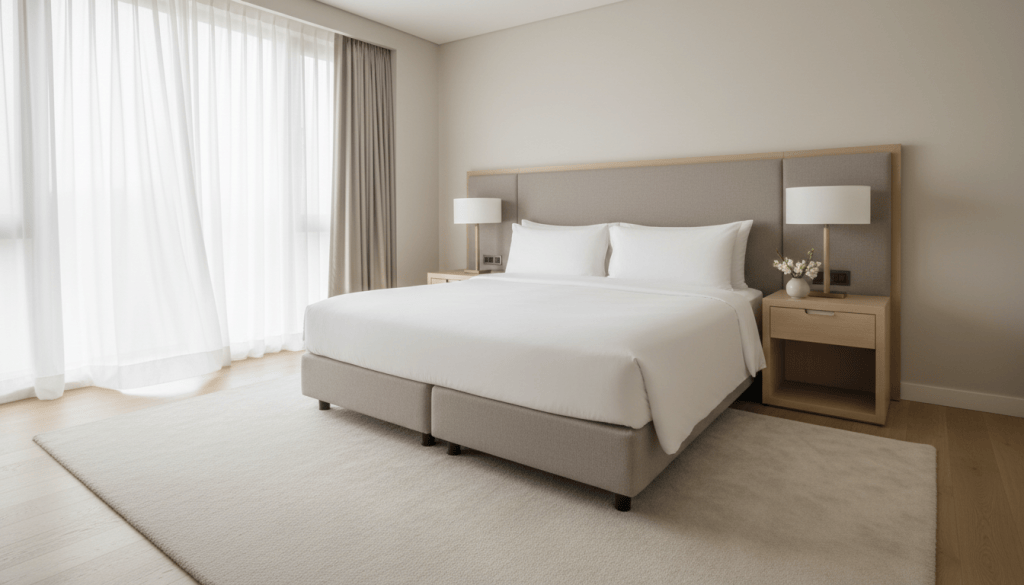Cama de hotel con colchón alto en una habitación luminosa