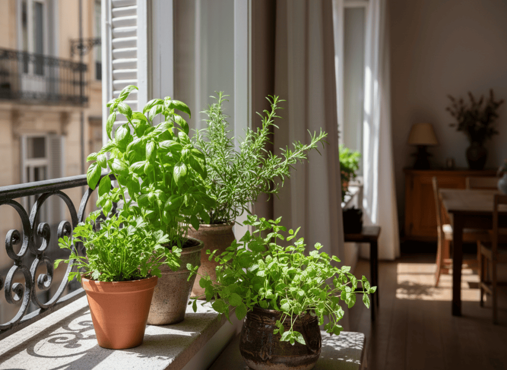 Hierbas aromáticas cultivadas en macetas