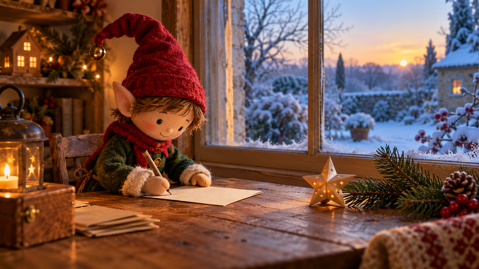 Muñeco de elfo navideño escribiendo una carta junto a una ventana iluminada al amanecer