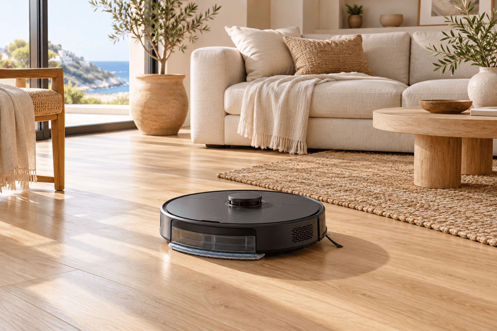 Robot aspirador redondo con mopa limpiando el suelo de madera de un salón luminoso