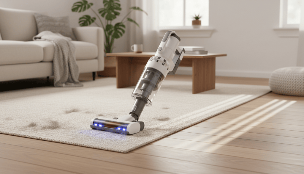 Aspiradora escoba sin cable con cepillo antienredos en un salón