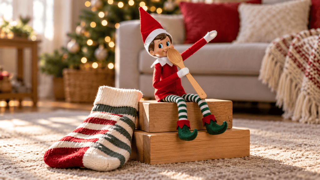 Muñeco de elfo navideño usando una cuchara de madera como micrófono junto a unos calcetines y bloques de madera