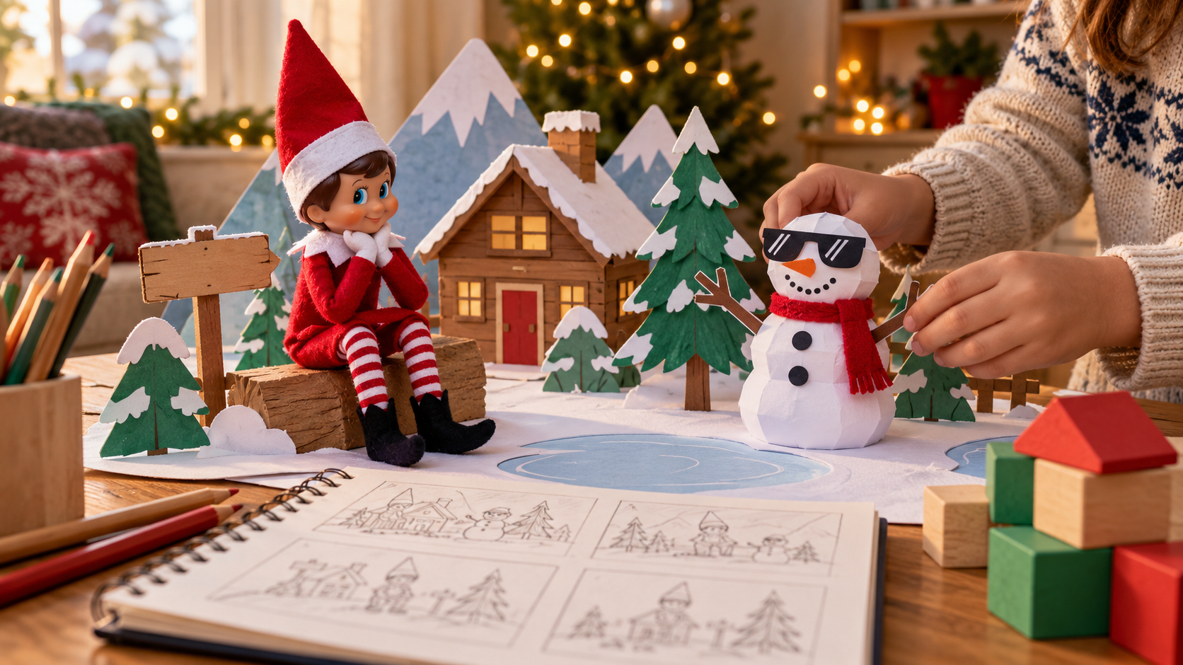 Elfo navideño con un niño creando una escena de invierno de cartón y un muñeco de nieve con gafas de papel