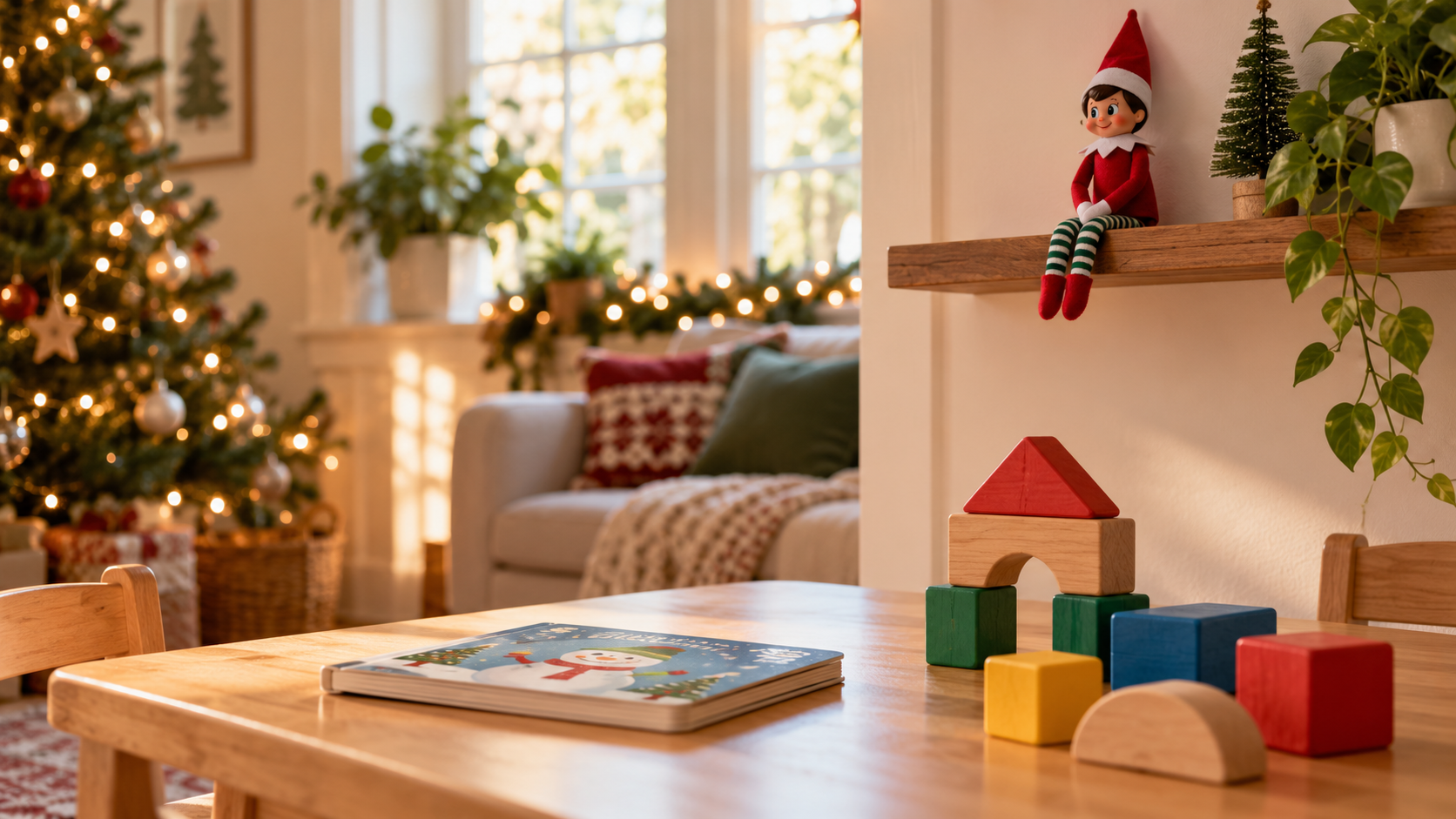 Muñeco de elfo navideño colocado en una balda alta y estable, con un cuento de cartón y bloques grandes en una mesa