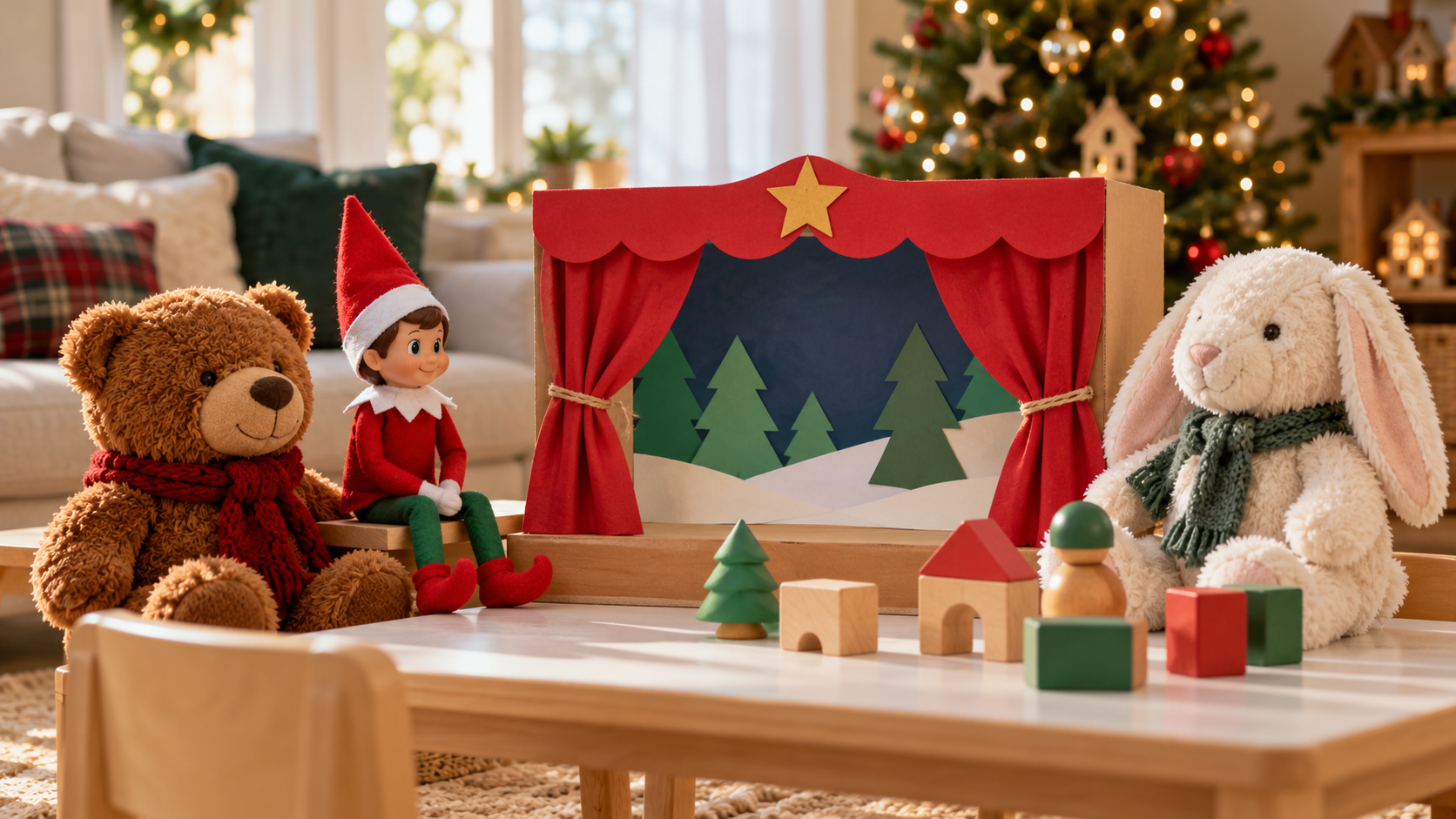 Muñeco de elfo navideño junto a un pequeño teatro de papel, dos peluches y bloques grandes para jugar