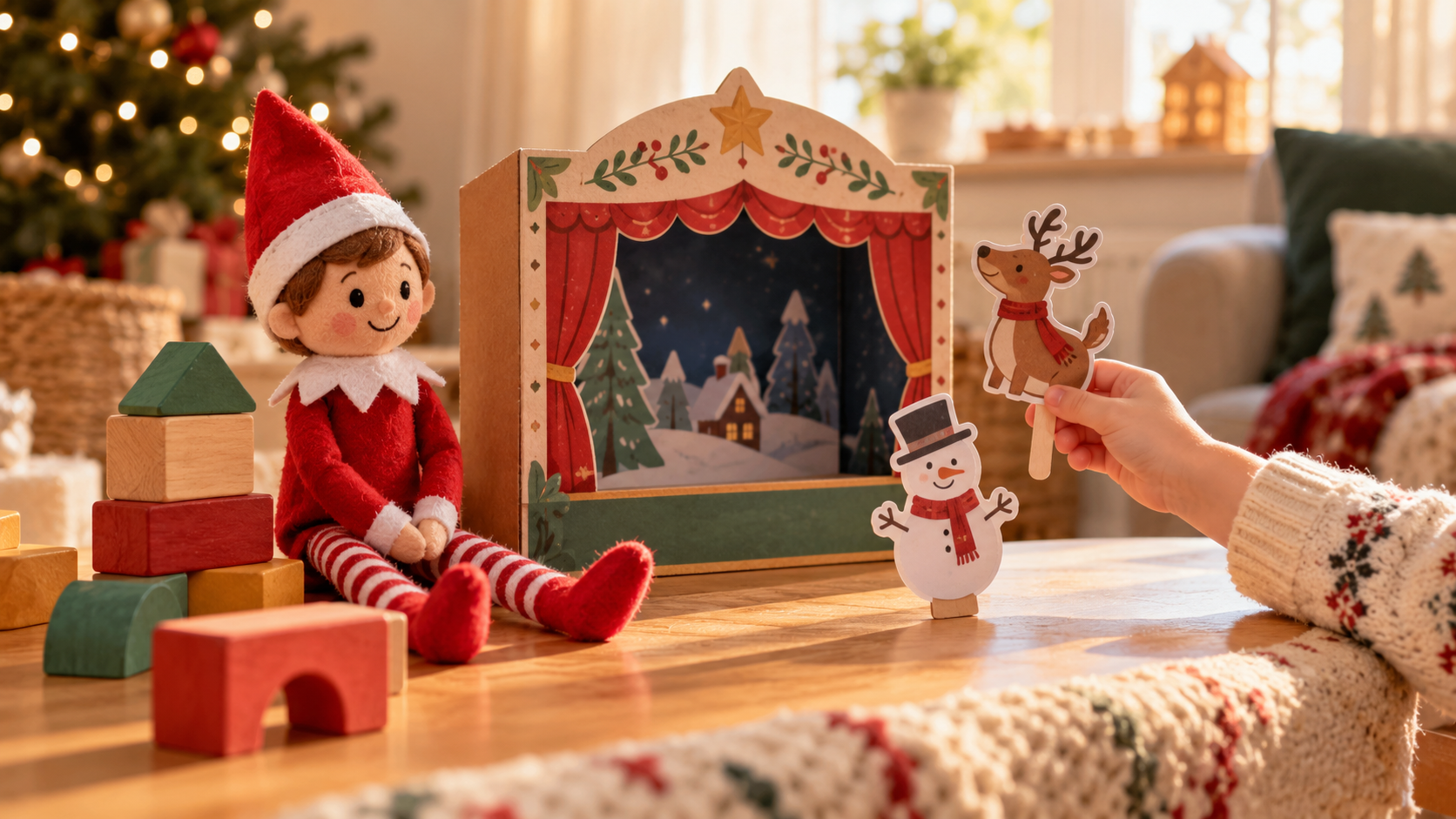 Elfo navideño junto a un pequeño teatro de cartón, bloques grandes y títeres de papel para inventar historias