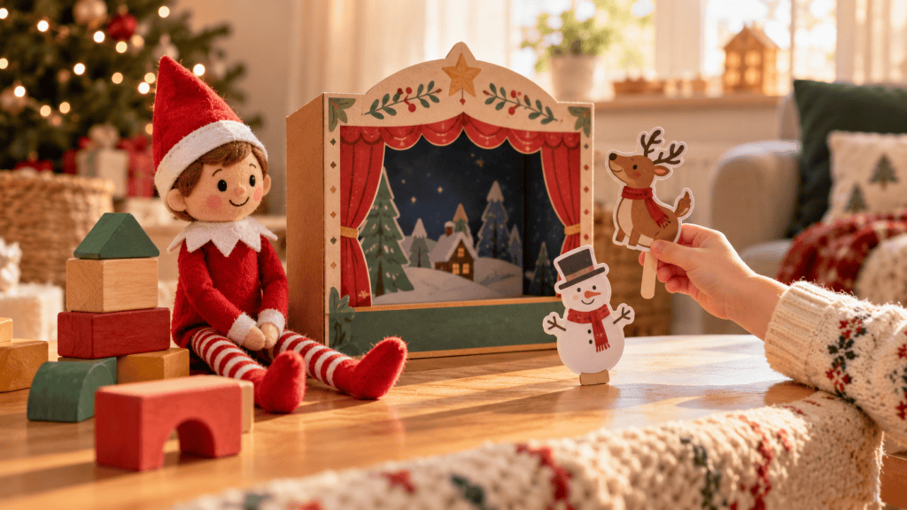 Elfo navideño junto a un pequeño teatro de cartón, bloques grandes y títeres de papel para inventar historias